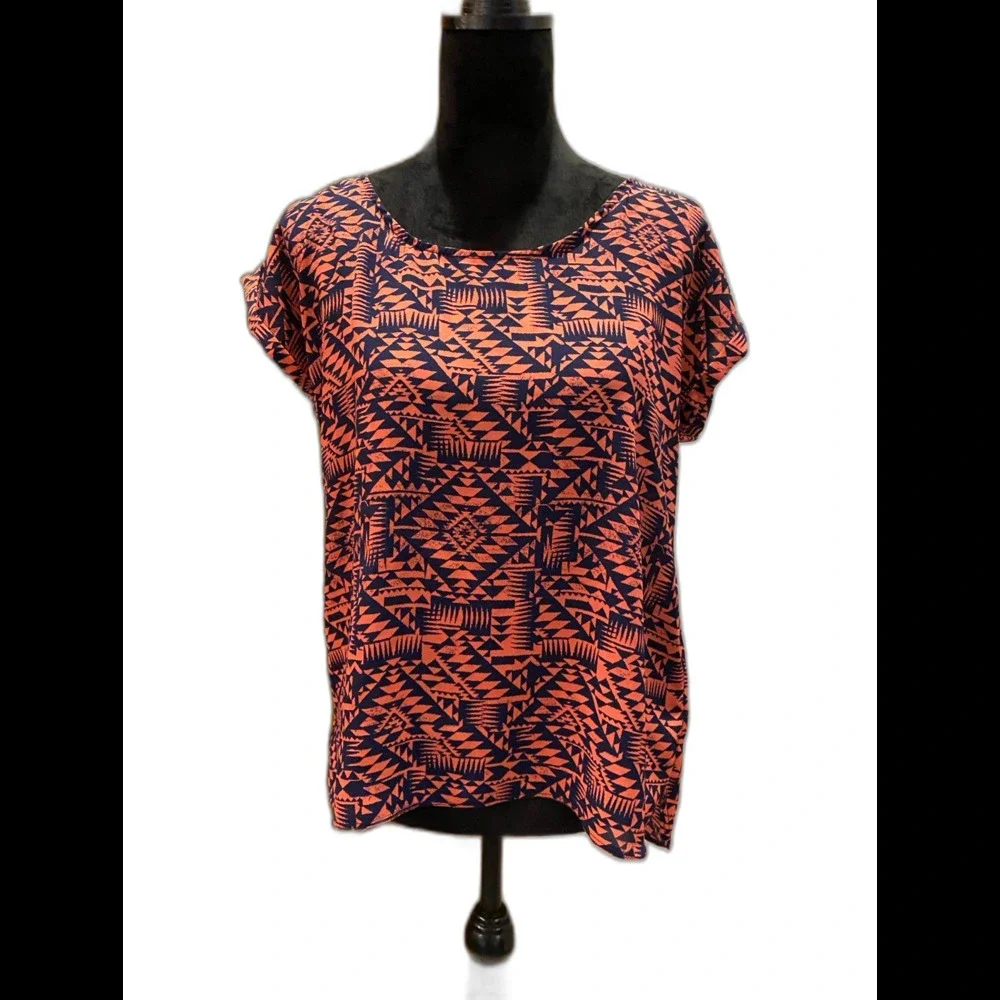 Pink Rose Top Womens Blouse Size Large  Short Sleeve Zipper‎ Back Orange Navy